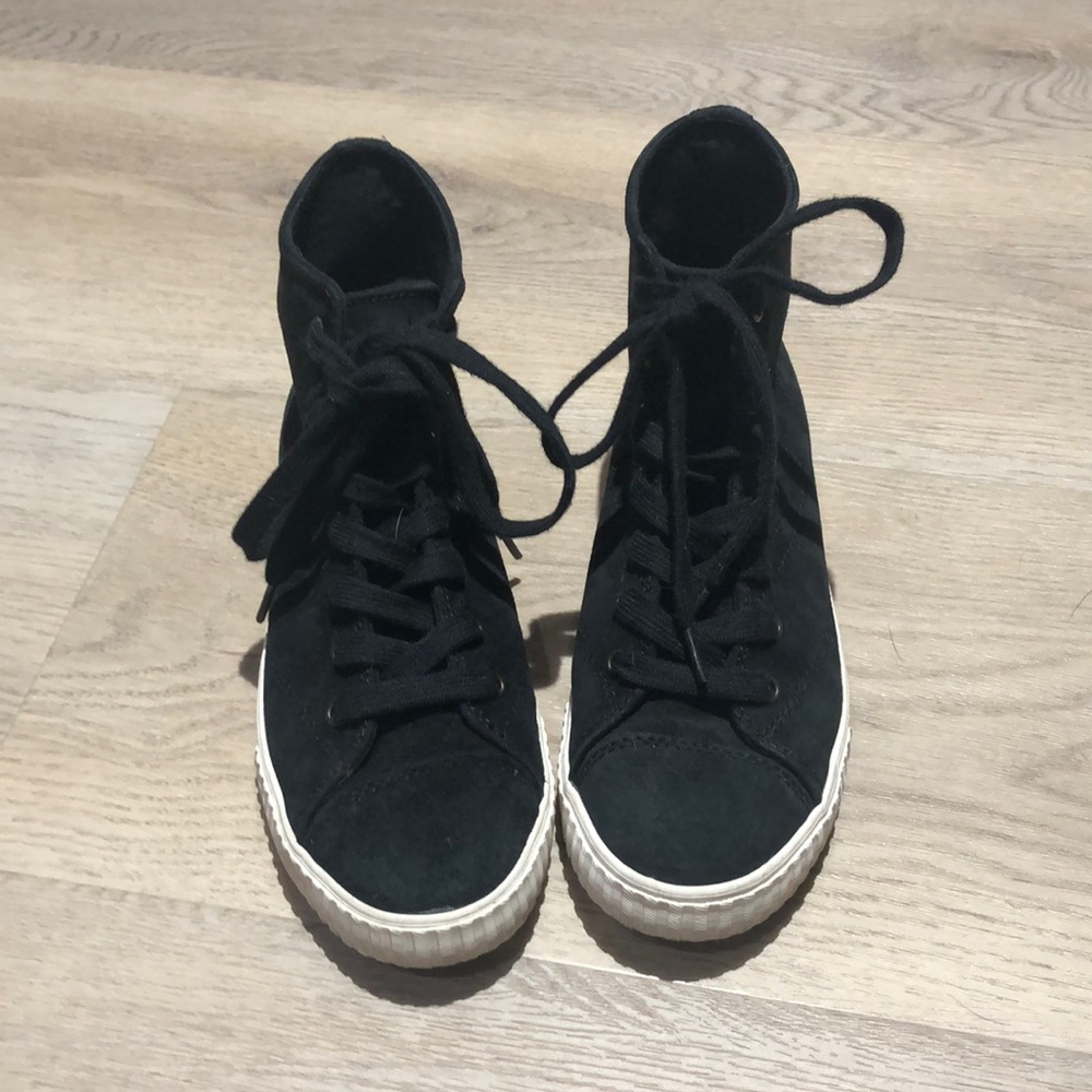 Black suede Tretorn high top sneakers